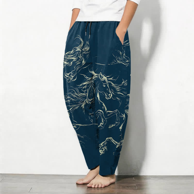 Buddha Stones Pure Cotton Running Horse Line Art Pattern Drawstring Men's Tapered Pants With Pockets - image 1
