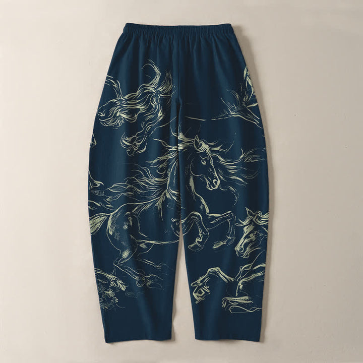 Buddha Stones Pure Cotton Running Horse Line Art Pattern Drawstring Men's Tapered Pants With Pockets - image 3