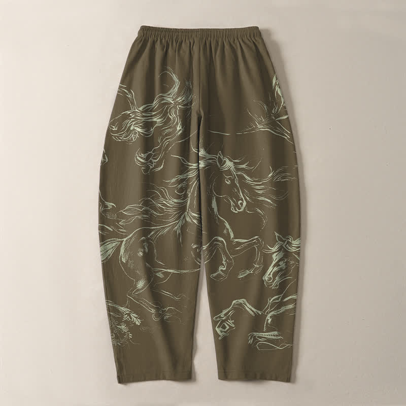 Buddha Stones Pure Cotton Running Horse Line Art Pattern Drawstring Men's Tapered Pants With Pockets - image 14