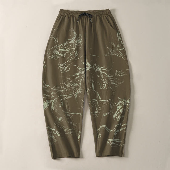 Buddha Stones Pure Cotton Running Horse Line Art Pattern Drawstring Men's Tapered Pants With Pockets - image 13