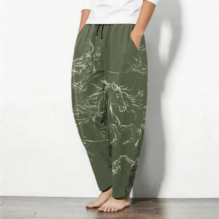 Buddha Stones Pure Cotton Running Horse Line Art Pattern Drawstring Men's Tapered Pants With Pockets - image 8