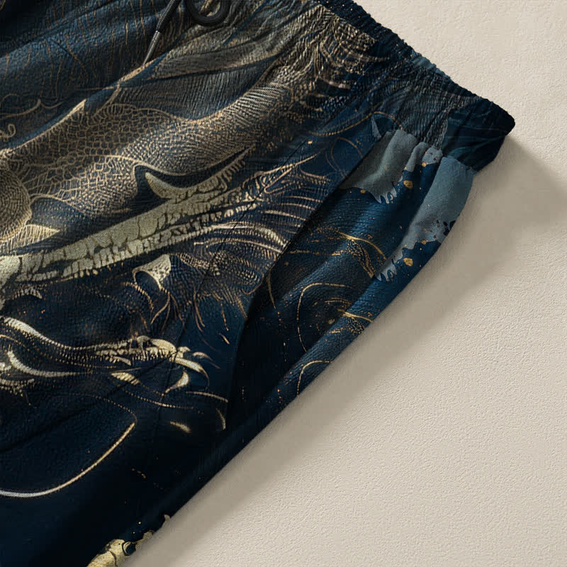 Buddha Stones Pure Cotton Golden Dragon Wave Pattern Drawstring Men's Tapered Pants With Pockets - image 4
