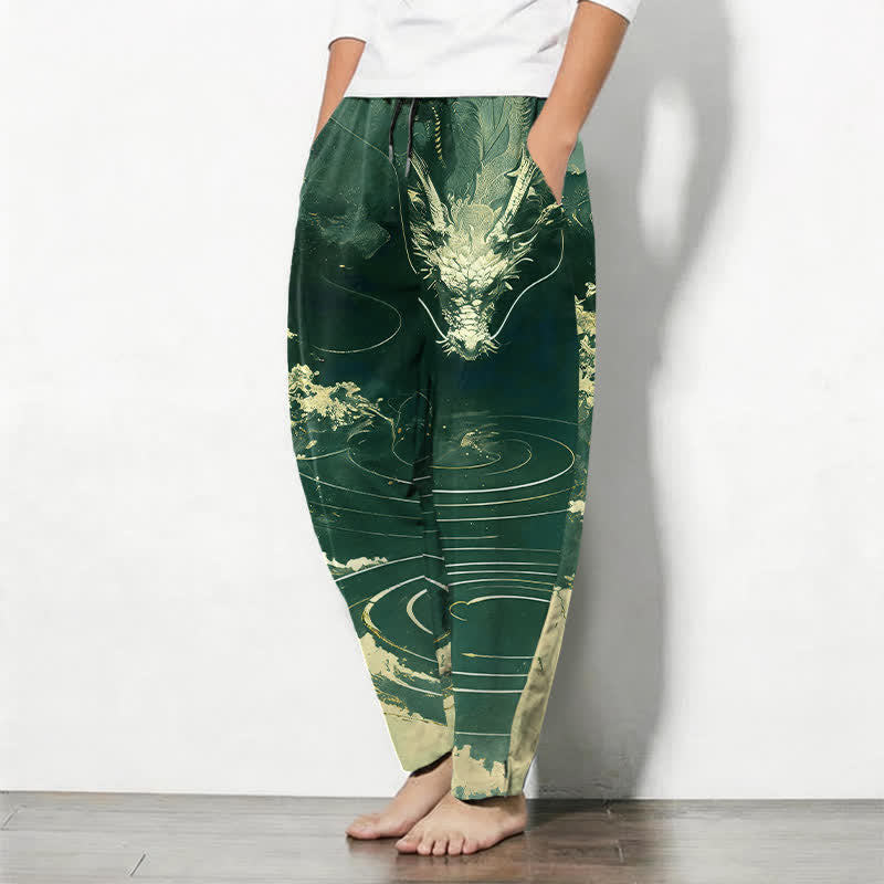 Buddha Stones Pure Cotton Golden Dragon Wave Pattern Drawstring Men's Tapered Pants With Pockets - image 12