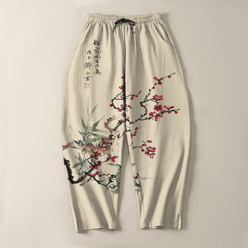 Buddha Stones Pure Cotton Ink Plum Blossom Pattern Drawstring Men's Tapered Pants With Pockets - image 2
