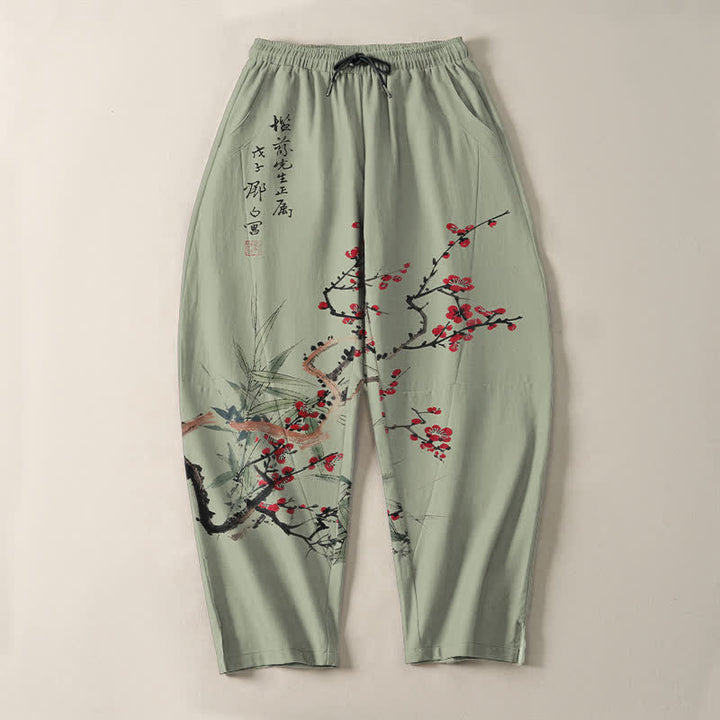 Buddha Stones Pure Cotton Ink Plum Blossom Pattern Drawstring Men's Tapered Pants With Pockets - image 9