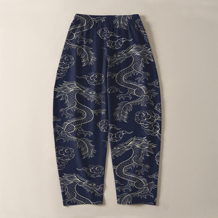 Buddha Stones Pure Cotton Oriental Dragon Cloud Pattern Drawstring Men's Tapered Pants With Pockets - image 3