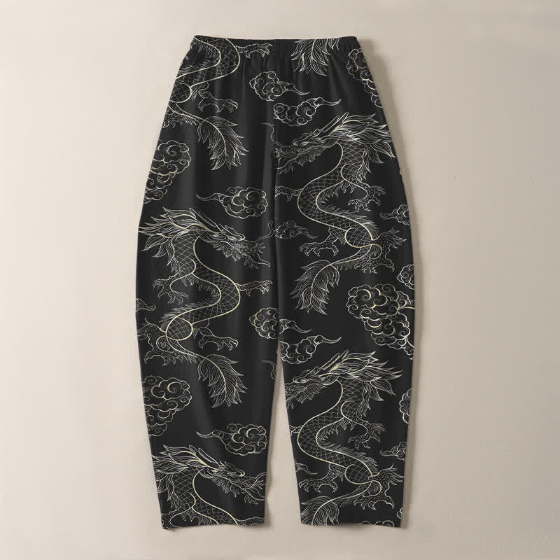 Buddha Stones Pure Cotton Oriental Dragon Cloud Pattern Drawstring Men's Tapered Pants With Pockets - image 10