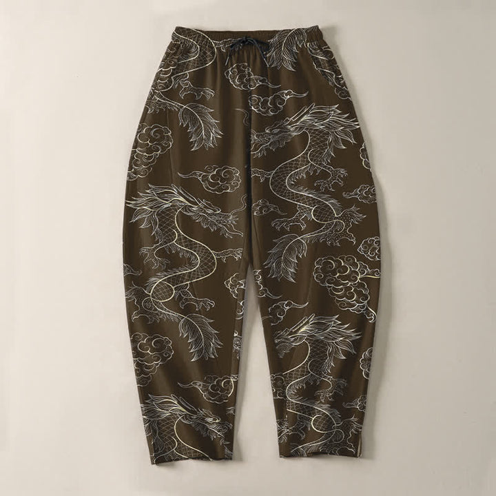 Buddha Stones Pure Cotton Oriental Dragon Cloud Pattern Drawstring Men's Tapered Pants With Pockets - image 13