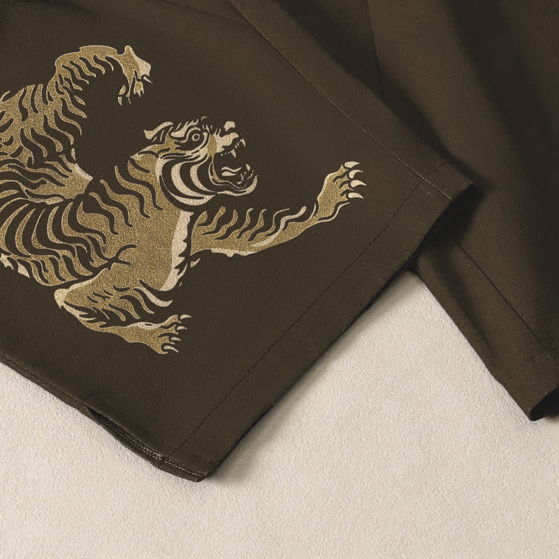 Buddha Stones Pure Cotton Golden Tiger Pattern Drawstring Men's Tapered Pants With Pockets - image 5