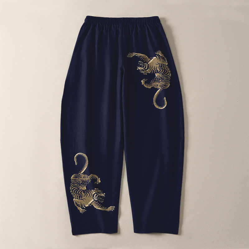 Buddha Stones Pure Cotton Golden Tiger Pattern Drawstring Men's Tapered Pants With Pockets - image 10