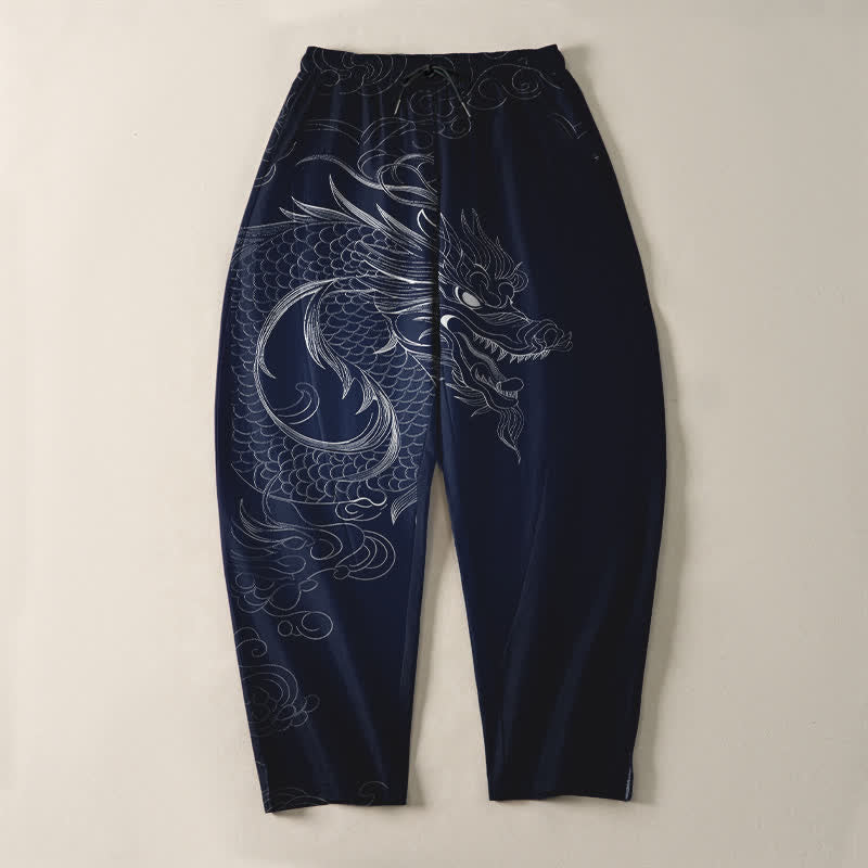 Buddha Stones Pure Cotton Dragon Line Art Pattern Drawstring Men's Tapered Pants With Pockets - image 9