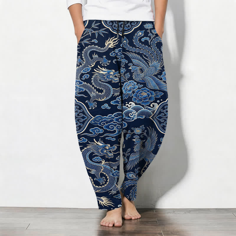 Buddha Stones Pure Cotton Azure Dragon Cloud Pattern Drawstring Men's Tapered Pants With Pockets - Navy - US/UK/AU50，EU60 (5XL) - image 0