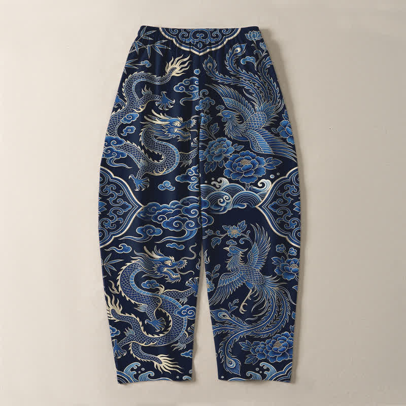 Buddha Stones Pure Cotton Azure Dragon Cloud Pattern Drawstring Men's Tapered Pants With Pockets - image 3