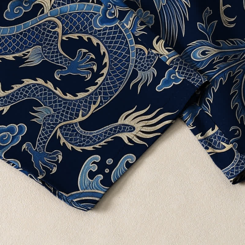 Buddha Stones Pure Cotton Azure Dragon Cloud Pattern Drawstring Men's Tapered Pants With Pockets - image 5