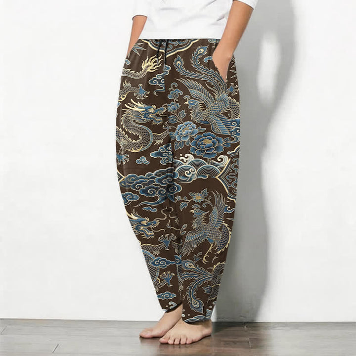 Buddha Stones Pure Cotton Azure Dragon Cloud Pattern Drawstring Men's Tapered Pants With Pockets - image 8