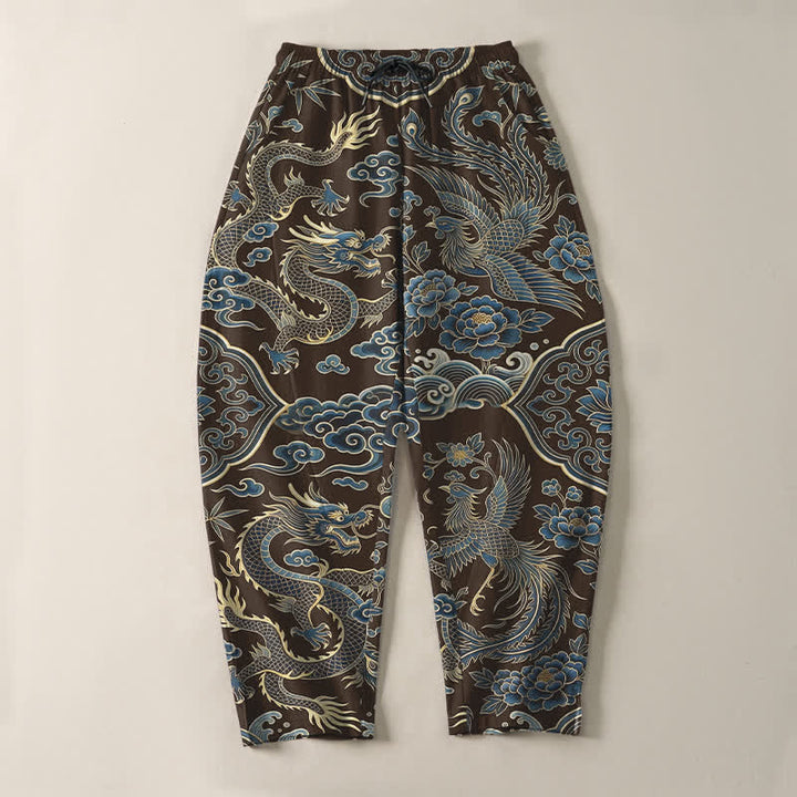 Buddha Stones Pure Cotton Azure Dragon Cloud Pattern Drawstring Men's Tapered Pants With Pockets - image 9
