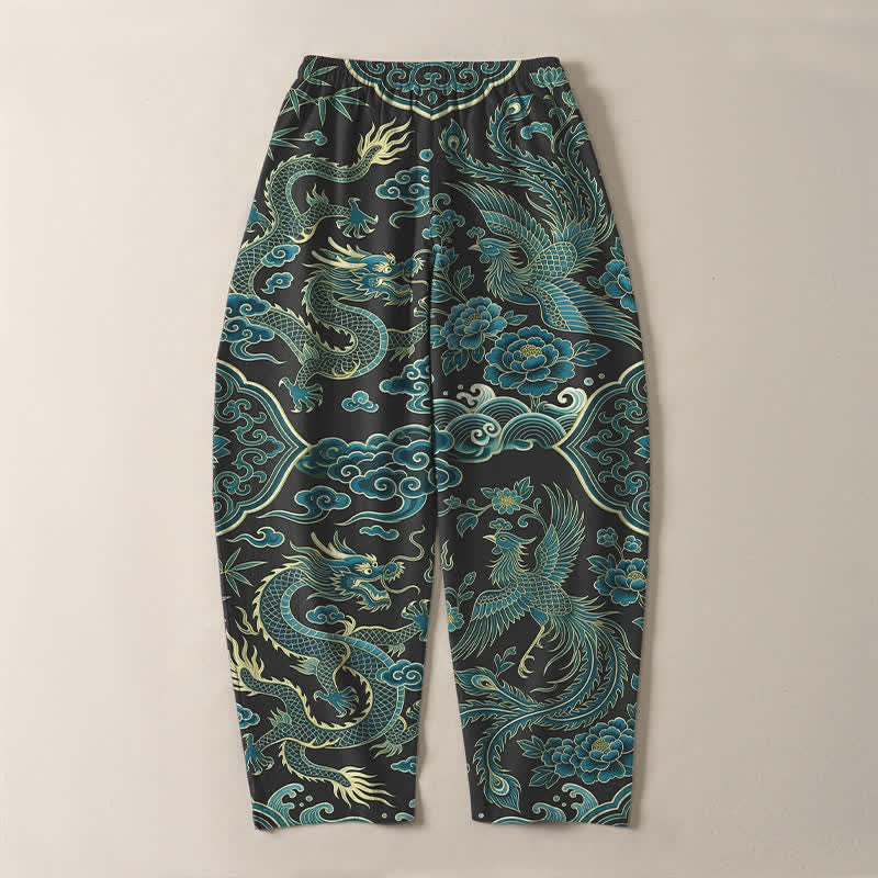 Buddha Stones Pure Cotton Azure Dragon Cloud Pattern Drawstring Men's Tapered Pants With Pockets - image 14