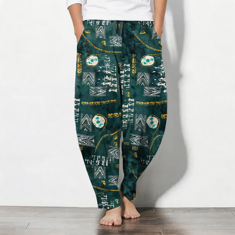 Buddha Stones Pure Cotton Boho Geometric Medallion Pattern Drawstring Men's Tapered Pants With Pockets - SeaGreen - US/UK/AU50，EU60 (5XL) - image 0
