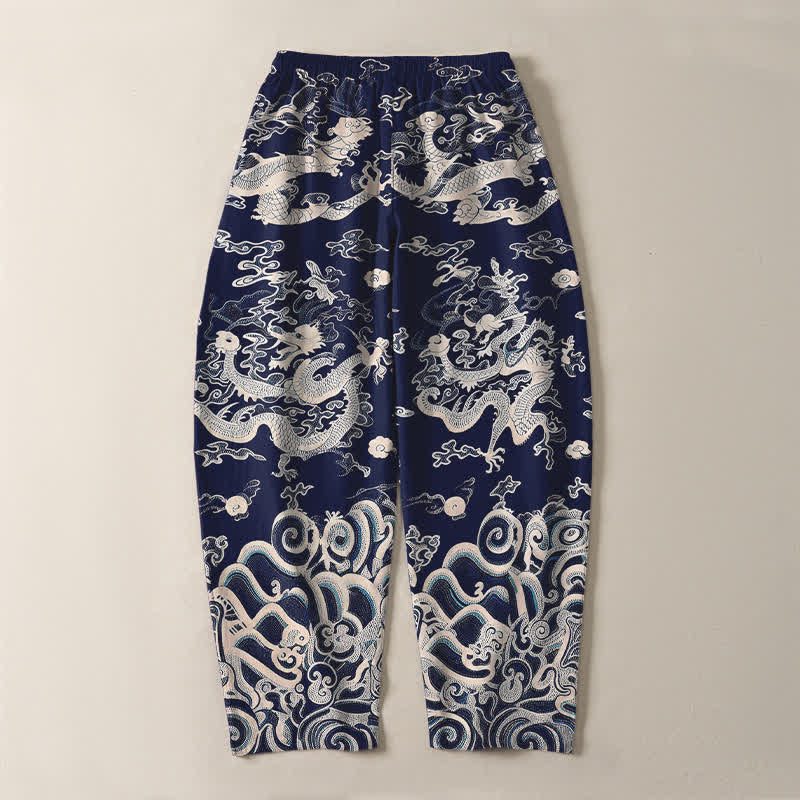 Buddha Stones Pure Cotton Dragon Wave Pattern Drawstring Men's Tapered Pants With Pockets - image 3