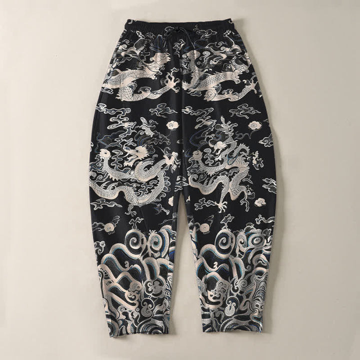 Buddha Stones Pure Cotton Dragon Wave Pattern Drawstring Men's Tapered Pants With Pockets - image 9