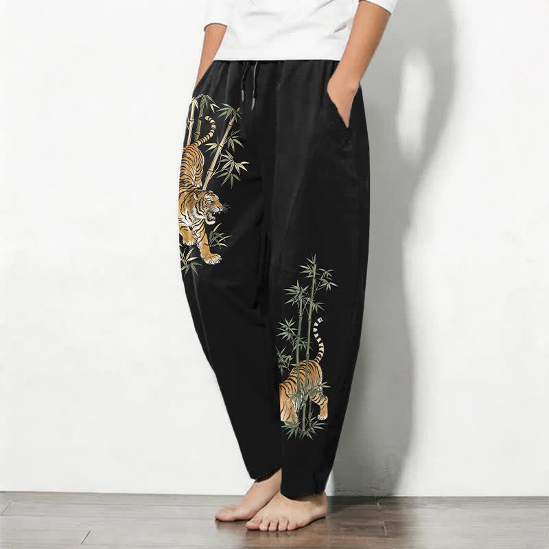 Buddha Stones Pure Cotton Tiger Bamboo Pattern Drawstring Men's Tapered Pants With Pockets - image 1