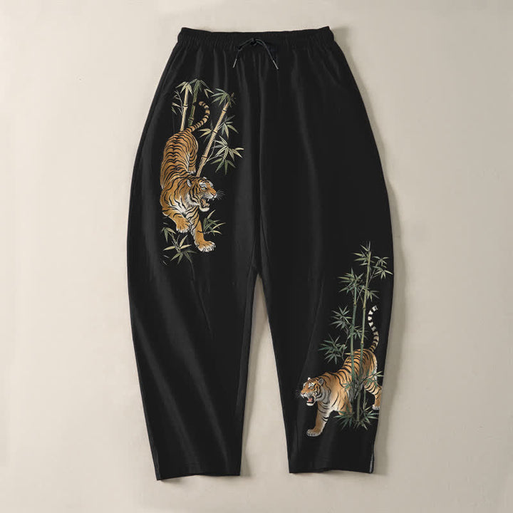 Buddha Stones Pure Cotton Tiger Bamboo Pattern Drawstring Men's Tapered Pants With Pockets - image 2