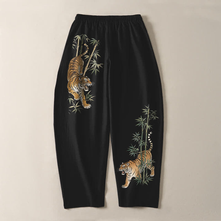 Buddha Stones Pure Cotton Tiger Bamboo Pattern Drawstring Men's Tapered Pants With Pockets - image 3