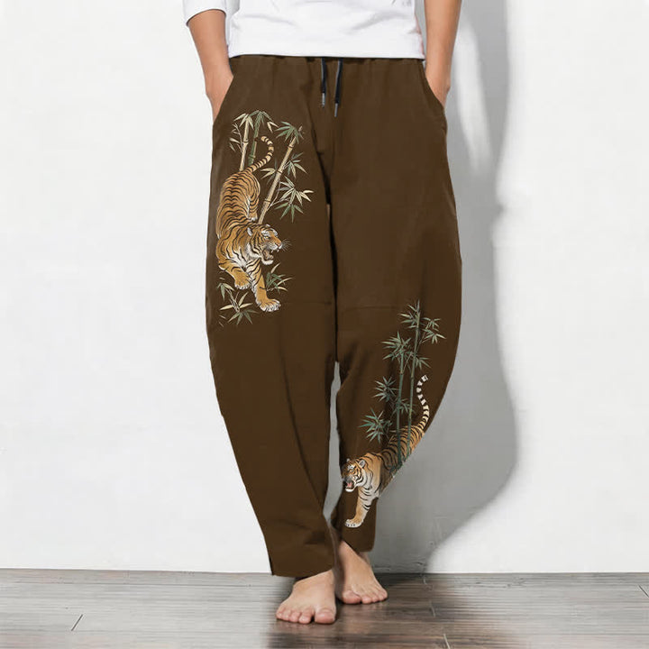 Buddha Stones Pure Cotton Tiger Bamboo Pattern Drawstring Men's Tapered Pants With Pockets - SaddleBrown - US/UK/AU50，EU60 (5XL) - image 7