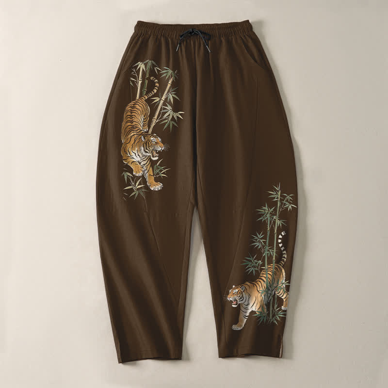 Buddha Stones Pure Cotton Tiger Bamboo Pattern Drawstring Men's Tapered Pants With Pockets - image 9