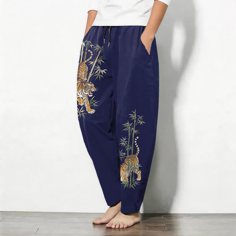 Buddha Stones Pure Cotton Tiger Bamboo Pattern Drawstring Men's Tapered Pants With Pockets - image 12
