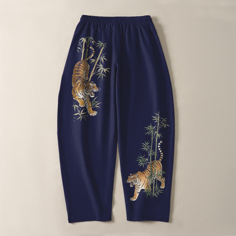 Buddha Stones Pure Cotton Tiger Bamboo Pattern Drawstring Men's Tapered Pants With Pockets - image 14