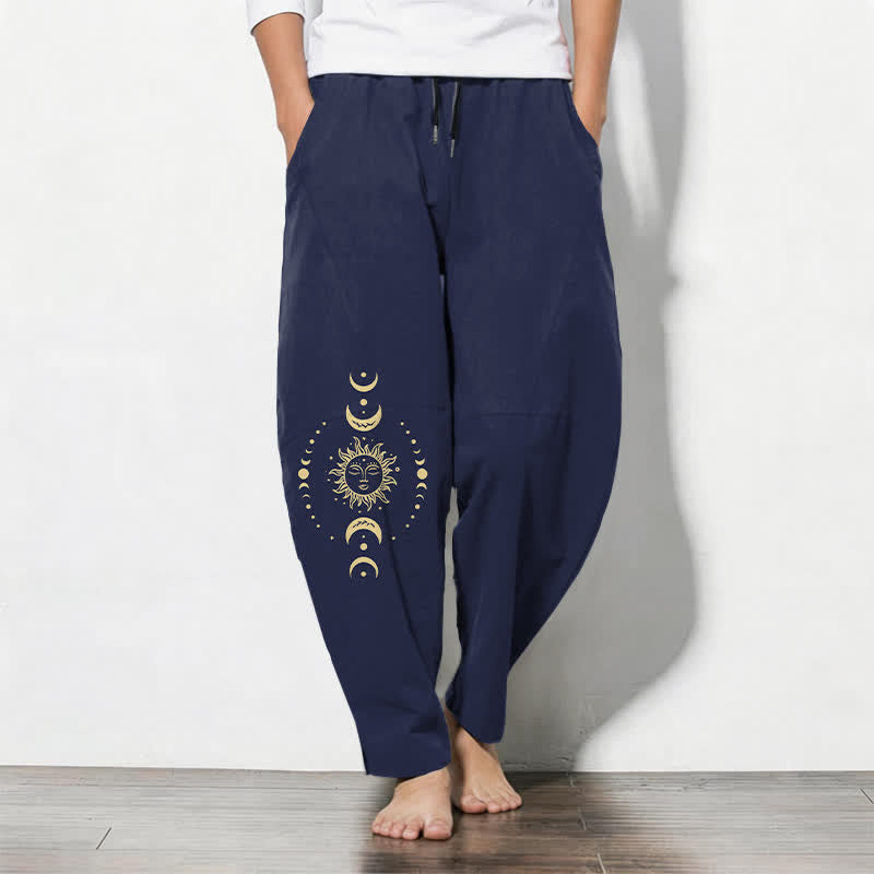 Buddha Stones Pure Cotton Celestial Sun Moon Pattern Drawstring Men's Tapered Pants With Pockets - Navy - US/UK/AU50，EU60 (5XL) - image 7