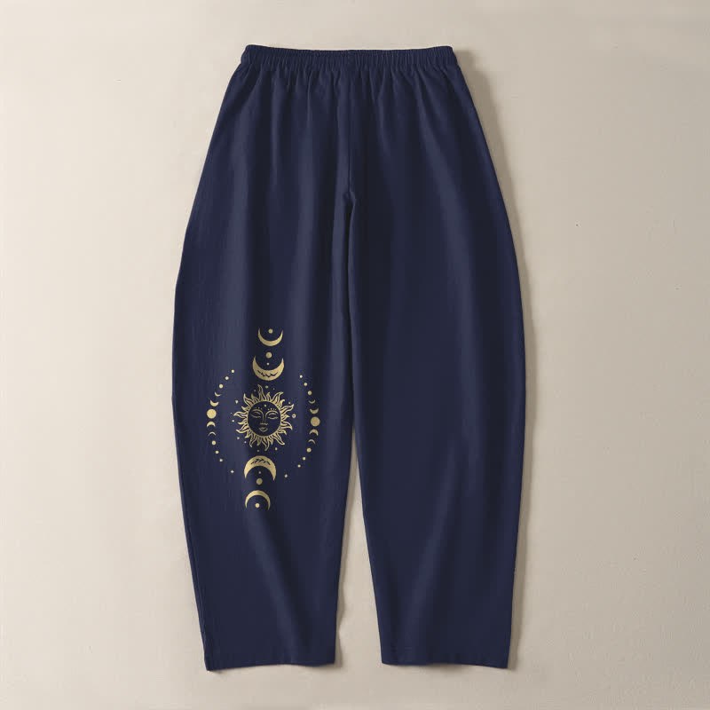 Buddha Stones Pure Cotton Celestial Sun Moon Pattern Drawstring Men's Tapered Pants With Pockets - image 10