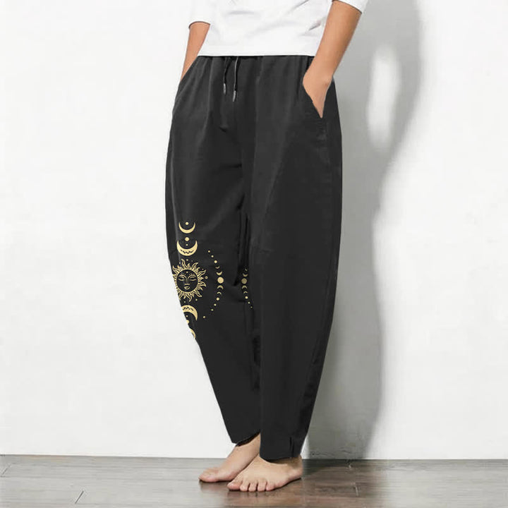 Buddha Stones Pure Cotton Celestial Sun Moon Pattern Drawstring Men's Tapered Pants With Pockets - image 12