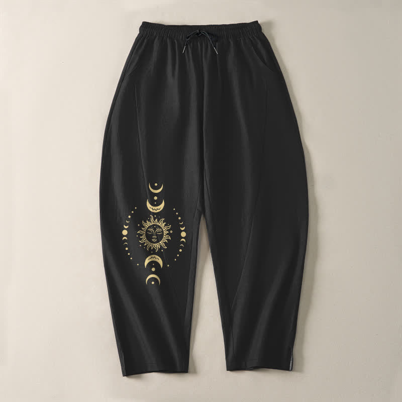 Buddha Stones Pure Cotton Celestial Sun Moon Pattern Drawstring Men's Tapered Pants With Pockets - image 13