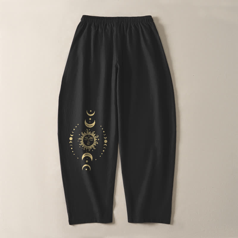 Buddha Stones Pure Cotton Celestial Sun Moon Pattern Drawstring Men's Tapered Pants With Pockets - image 14