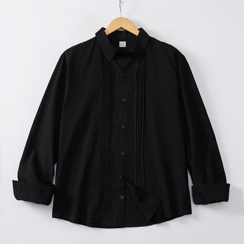 Buddha Stones Spring Minimalist Pintuck Button-Up Solid Men's Long Sleeve Shirts - image 10