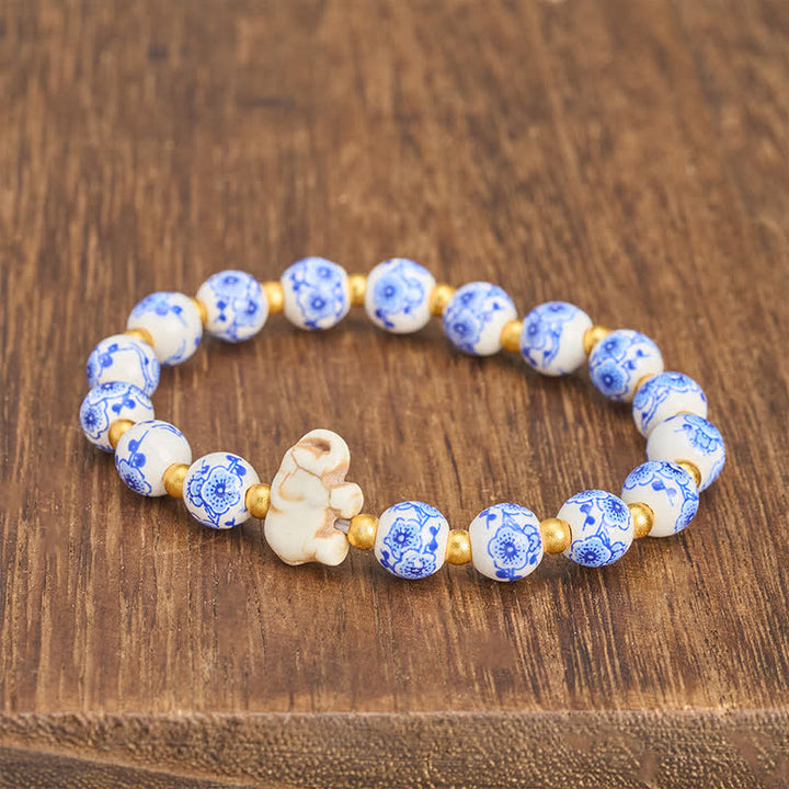 Buddha Stones White Porcelain Elephant Floral Round Bead Bracelet - image 3