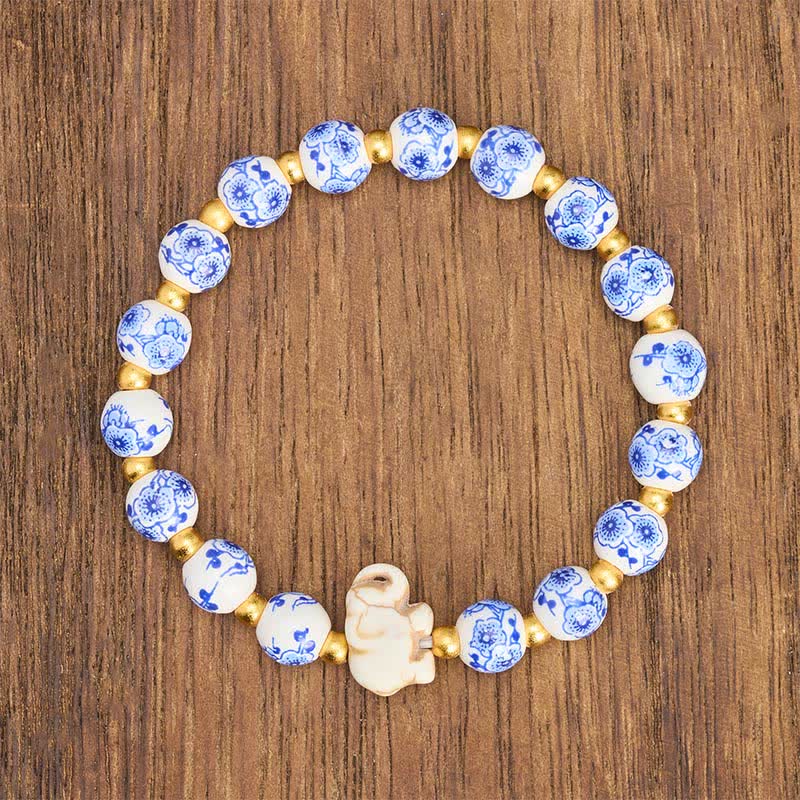 Buddha Stones White Porcelain Elephant Floral Round Bead Bracelet - image 1