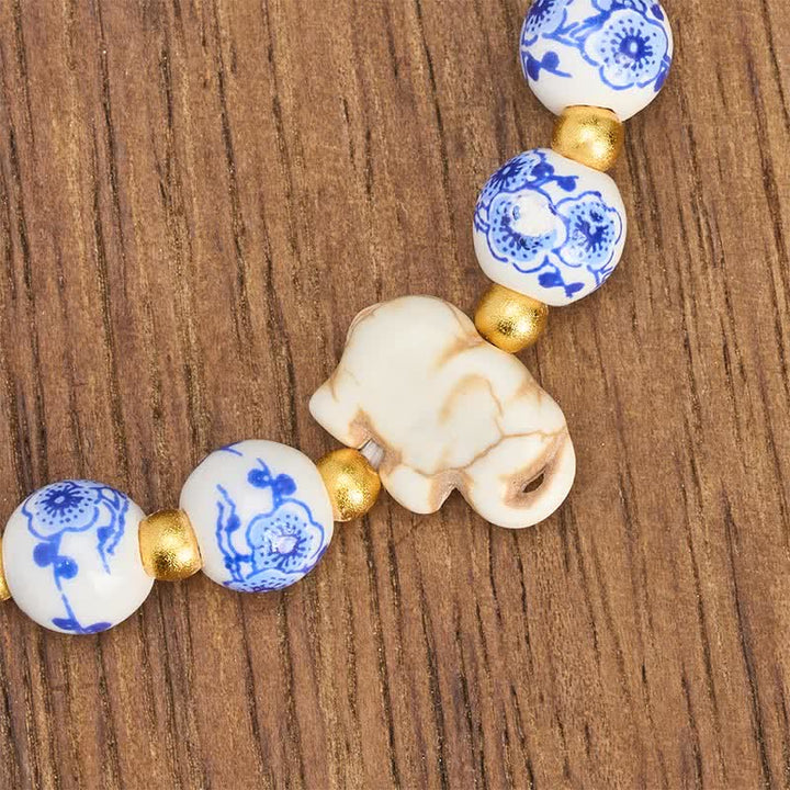 Buddha Stones White Porcelain Elephant Floral Round Bead Bracelet - image 8