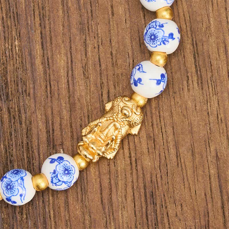 Buddha Stones White Porcelain PiXiu Blue Floral Beads Auspicioisness Bracelet - image 4
