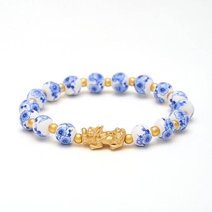 Buddha Stones White Porcelain PiXiu Blue Floral Beads Auspicioisness Bracelet - image 9