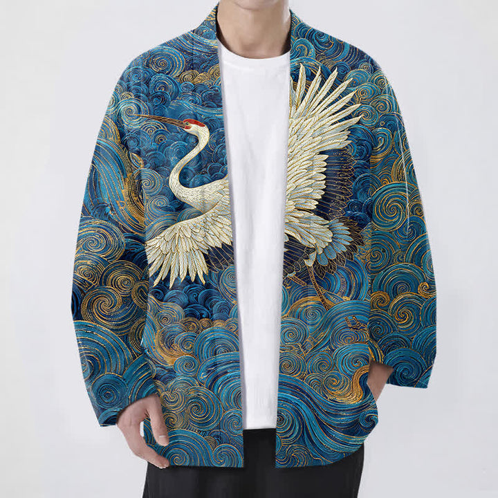 Buddha Stones Cotton Crane Flowing Waves Pattern Open Front Men's Kimono - RoyalBlue - US/UK/AU48，EU58 (4XL) - image 0