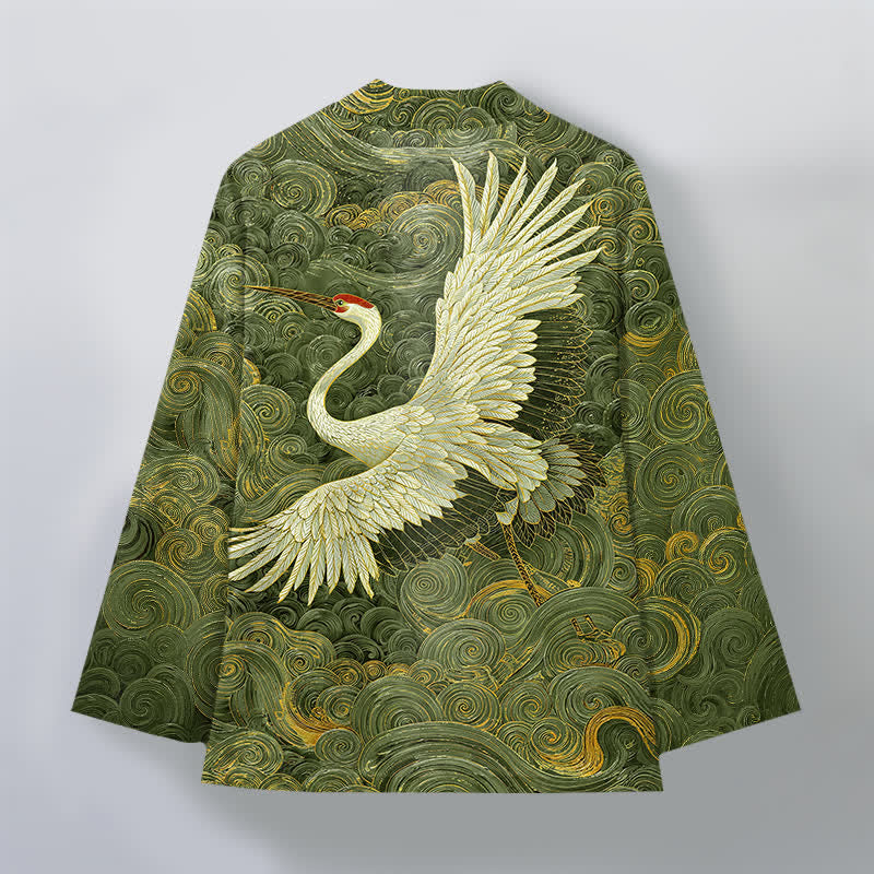 Buddha Stones Cotton Crane Flowing Waves Pattern Open Front Men's Kimono - image 11