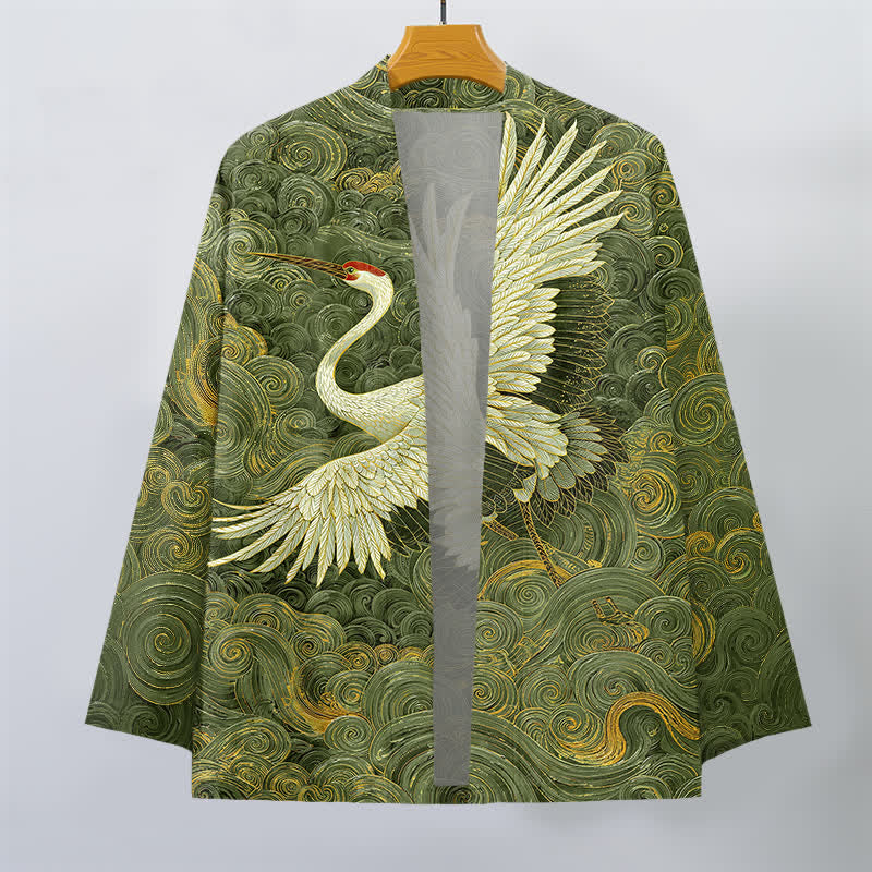 Buddha Stones Cotton Crane Flowing Waves Pattern Open Front Men's Kimono - image 10