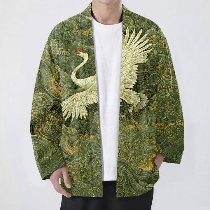 Buddha Stones Cotton Crane Flowing Waves Pattern Open Front Men's Kimono - OliveDrab - US/UK/AU48，EU58 (4XL) - image 9