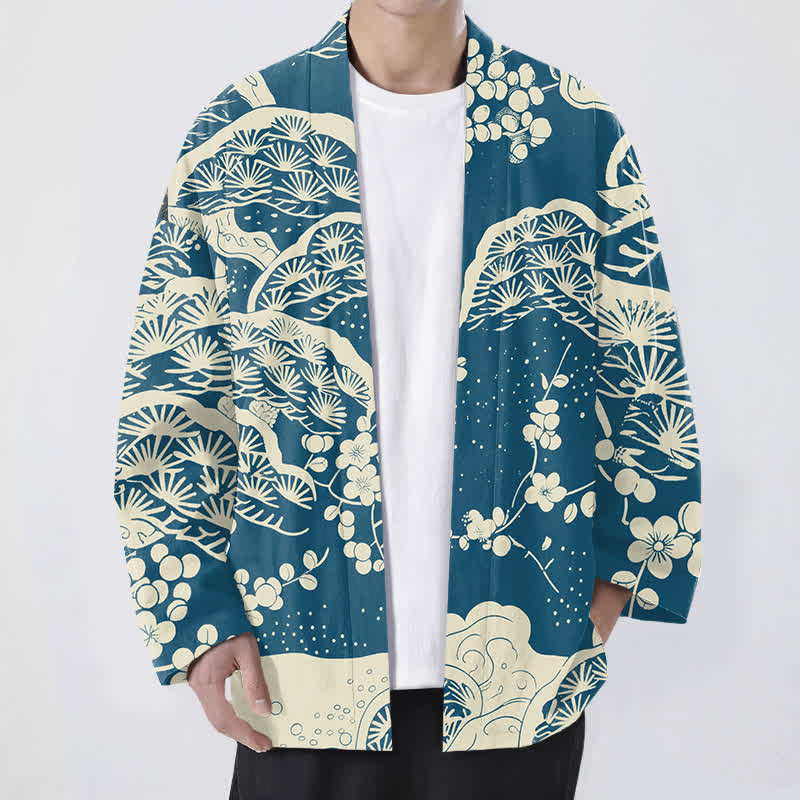 Buddha Stones Cotton Pine Plum Blossom Pattern Open Front Men's Kimono - Teal - US/UK/AU48，EU58 (4XL) - image 0