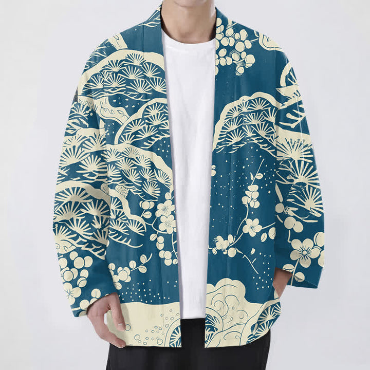 Buddha Stones Cotton Pine Plum Blossom Pattern Open Front Men's Kimono - Teal - US/UK/AU48，EU58 (4XL) - image 0