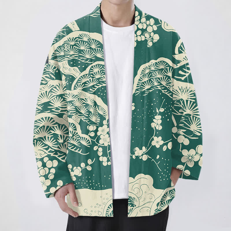 Buddha Stones Cotton Pine Plum Blossom Pattern Open Front Men's Kimono - SeaGreen - US/UK/AU48，EU58 (4XL) - image 6