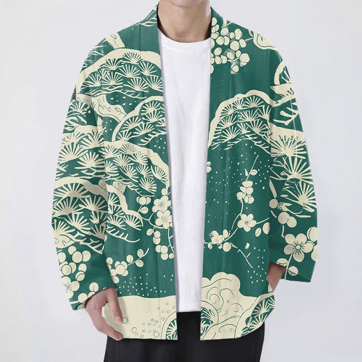 Buddha Stones Cotton Pine Plum Blossom Pattern Open Front Men's Kimono - SeaGreen - US/UK/AU48，EU58 (4XL) - image 6